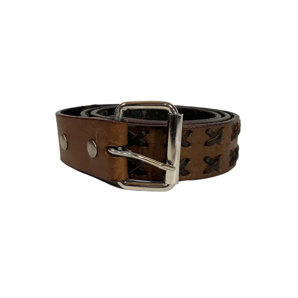 Brown Leather Belt, Criss Cross Weave Retro Silver Hardware Worn Look L XL Mocha